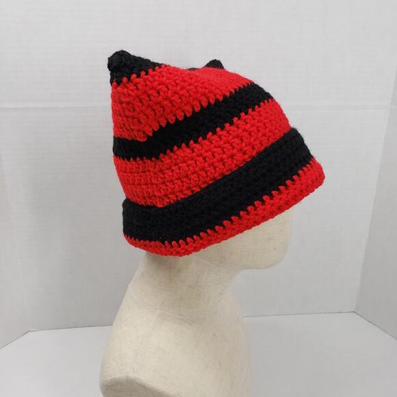Cat Ear Beanie Crochet Hat Black Red Striped Handmade Knit Kitty Grunge Winter - Picture 2 of 11